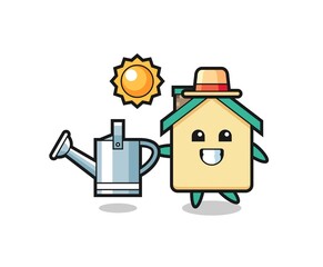 Cartoon character of house holding watering can