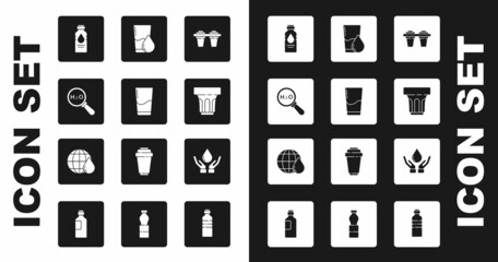 Set Water filter, Glass with water, Chemical formula for H2O, Bottle of, Washing hands soap and Earth planet drop icon. Vector