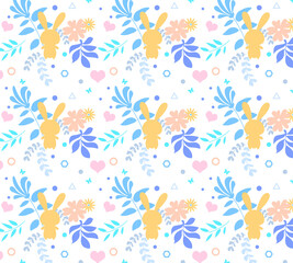 Seamless  pattern with cute, yellow rabbits on floral background. Perfect for textile, wallpaper or print design.
