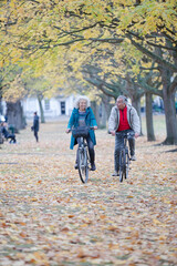 Senior couple bike riding among trees and leaves in autumn park