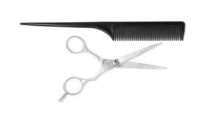 Professional hairdresser scissors and black comb isolated on white, top view. Haircut tools - obrazy, fototapety, plakaty
