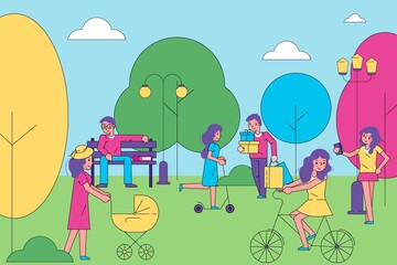 People character together walk in city park, group of human stroll urban garden, cheerful time spend line flat vector illustration.