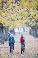 Senior couple bike riding among trees and leaves in autumn park