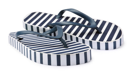 Pair of striped flip flops on white background