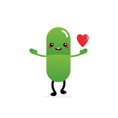 Cute cartoon style smiling green pill character holding in hand red heart. Love and care concept.
