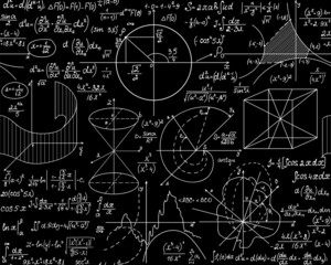 Math scientific vector seamless pattern with handwritten formulas,  figures and calculations, chalk writings on blackboard. You can use any color of background