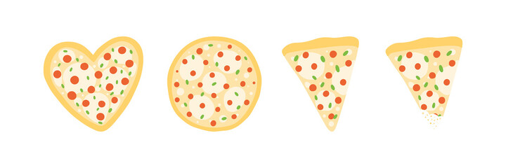 Set, collection of cute cartoon style pizza icons. Round, heart-shaped and slices pizza icons, stickers for fast food design.