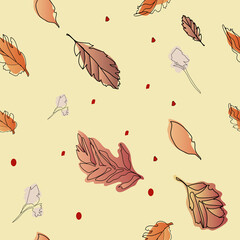 pattern with autumn leaves, one line style art with color substrate