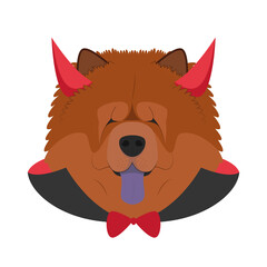 Halloween greeting card. Chow Chow dog dressed as a devil with red horns and cape