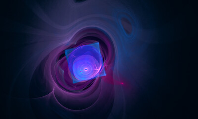Abstract psychedelic 3d illustration with blue electric light, amorphous shapes in magenta color in dark space. Retro style digital composition. Great as concept banner, backdrop or cover.
