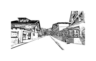 Building view with landmark of Laax is the 
municipality in Switzerland. Hand drawn sketch illustration in vector.