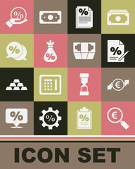 Set Magnifying glass and euro, Financial growth coin, Finance document, Money bag with percent, Discount tag, and Stacks paper money cash icon. Vector