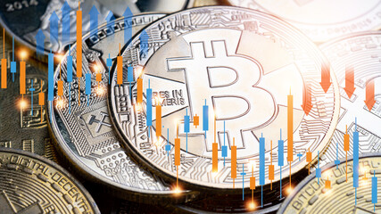 Cryptocurrency and stock market, bitcoin and financial graph