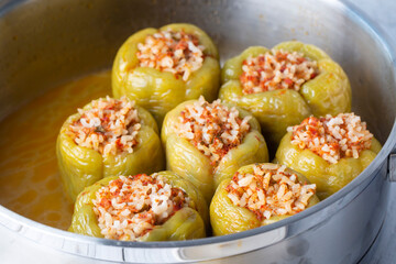 Traditional Turkish foods; Stuffed pepper (Turkish name; biber dolmasi)