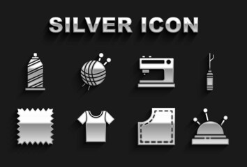 Set T-shirt, Awl tool, Needle bed and needles, Sewing Pattern, Leather, machine, thread and Yarn ball with knitting icon. Vector