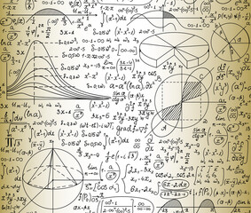 Handwritten old manuscript with formulas, calculations and technical drawings, math vector seamless pattern