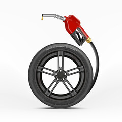 Car wheel with a fuel nozzle on a white background. Petrol Economy Concept. Car Refueling on Fuel Station. Pumping Gasoline Oil. Service Filling Gas or Biodiesel. Automotive Industry, transportation.