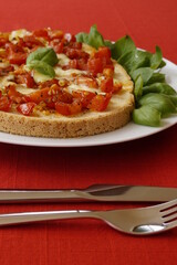 delicious large Italian bruschetta with mozzarella, garlic, olive oil and basil leaves on a plate