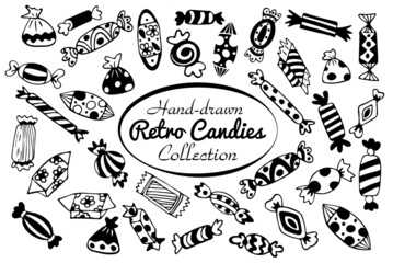 A collection of hand-drawn candies and bonbons retro style, vintage confectionery doodles