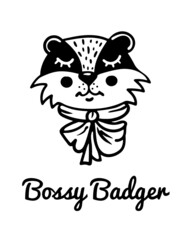 Cute hand-drawn badger head with an elegant bow, noble anthropomorphic animal