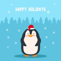 Cute penguin in Santa hat and scarf. Christmas cartoon character.New year holiday card