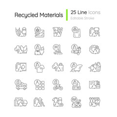Recycled materials linear icons set. Sustainable option. Eco friendly product. Pollution control. Customizable thin line contour symbols. Isolated vector outline illustrations. Editable stroke