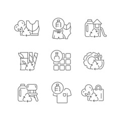 Fototapeta premium Natural resources conservation linear icons set. Reuse plastic products. Eco-friendly trend. Zero waste. Customizable thin line contour symbols. Isolated vector outline illustrations. Editable stroke