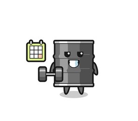 oil drum mascot cartoon doing fitness with dumbbell