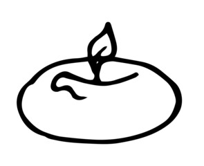 A burning wax candle of oval shape. Vector isolated element of a small candle with drops of molten wax, hand-drawn in the style of doodles with a black line on a white background for a design template