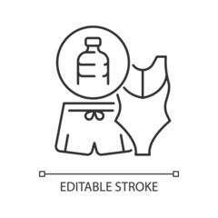 Swimsuit from plastic bottles linear icon. Recycled plastic waste. Ethical bathing suit. Thin line customizable illustration. Contour symbol. Vector isolated outline drawing. Editable stroke