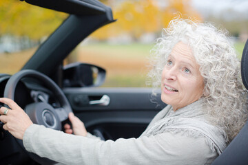 Portrait smiling, affectionate senior woman in car
