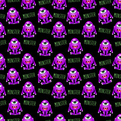 Seamless pattern with a cute purple monster on a black background