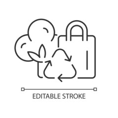 Recycled cotton tote bags linear icon. Eco-bags for shopping. Environmentally friendly handbag. Thin line customizable illustration. Contour symbol. Vector isolated outline drawing. Editable stroke