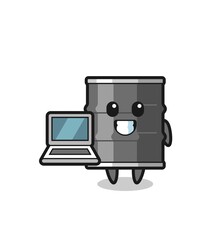 Mascot Illustration of oil drum with a laptop