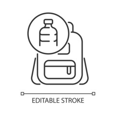 Backpack made from plastic linear icon. Sustainable bags. Repurposing water bottles. Thin line customizable illustration. Contour symbol. Vector isolated outline drawing. Editable stroke