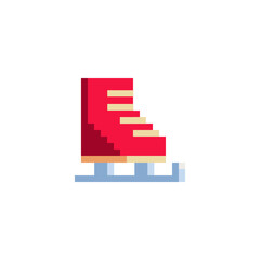 Red figure skates pixel art icon. Design for stickers, shoe store logo, mobile app. Game assets 8-bit sprite. Isolated vector illustration.