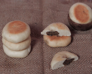 Bakpia cake mockup. Bakpia consists of milled flour baked with various fillings. Bakpia filled with chocolate is suitable to be consumed in the morning as a breakfast menu or snack during the day. Foc