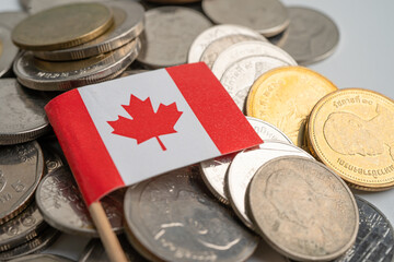 Canada flag on coins background, finance and accounting, banking concept.
