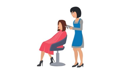 Hairdresser. Animation of a female hairdresser cutting her hair, alpha channel. Cartoon