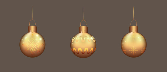 Golden realistic Christmas balls set on dark background. Made in vector.