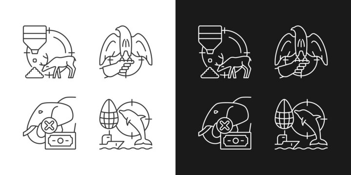 Illegal Hunting Linear Icons Set For Dark And Light Mode. Dolphin And Elephant Cruel Hunt. Unlawful Ivory Trade. Customizable Thin Line Symbols. Isolated Vector Outline Illustrations. Editable Stroke