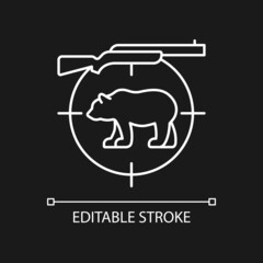 Big game hunting white linear icon for dark theme. Hunt large animals. African species hunting. Thin line customizable illustration. Isolated vector contour symbol for night mode. Editable stroke