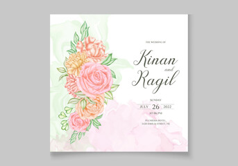 Wedding invitation card template with beautiful colorful flowers