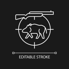 Wild boar hunting white linear icon for dark theme. Capture and kill wild hog. Feral peccary. Thin line customizable illustration. Isolated vector contour symbol for night mode. Editable stroke
