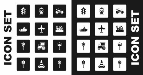 Set Bicycle, Plane, Submarine, Traffic light, Cargo ship with boxes, Train and railway, Road traffic signpost and icon. Vector