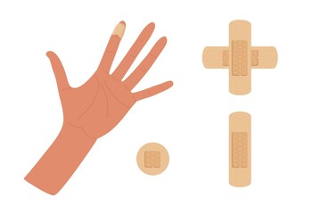 Physical injury. First aid for cuts. Dressing patch set. Hand with injured bandaged index finger. Adhesive dressing for small wounds. First Aid Instruction for Cut. Minor injury. Accident, wound