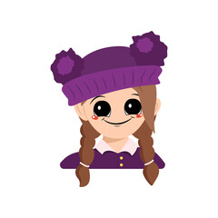 Avatar of a girl with big eyes and a wide happy smile in a purple hat with a pompom. Head of a child with a joyful face