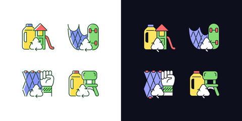Recycling for sustainability light and dark theme RGB color icons set. Fishing gear reuse. Plastic lumber. Isolated vector illustrations on white and black space. Simple filled line drawings pack