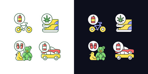 Fototapeta premium Recycling business light and dark theme RGB color icons set. Eco friendly bike. Sustainable shoes. Isolated vector illustrations on white and black space. Simple filled line drawings pack