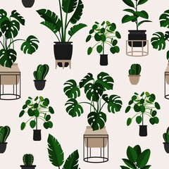Flowers in pots in the Scandinavian style. Geometric seamless pattern with plants. Vector flat illustration. Background. Monstera, cacti, palm, ficus.
